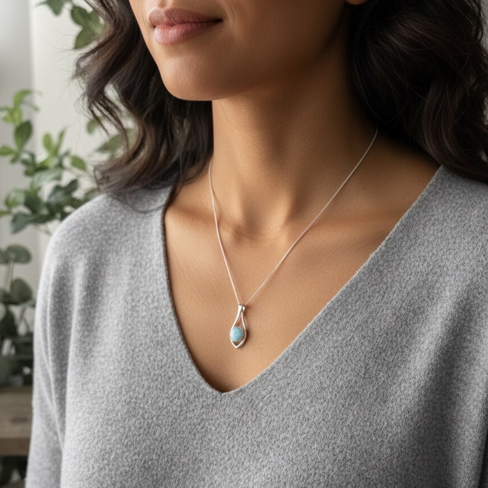 925 Sterling Silver Natural Larimar Teardrop Necklace! NEW! - Picture 4 of 5